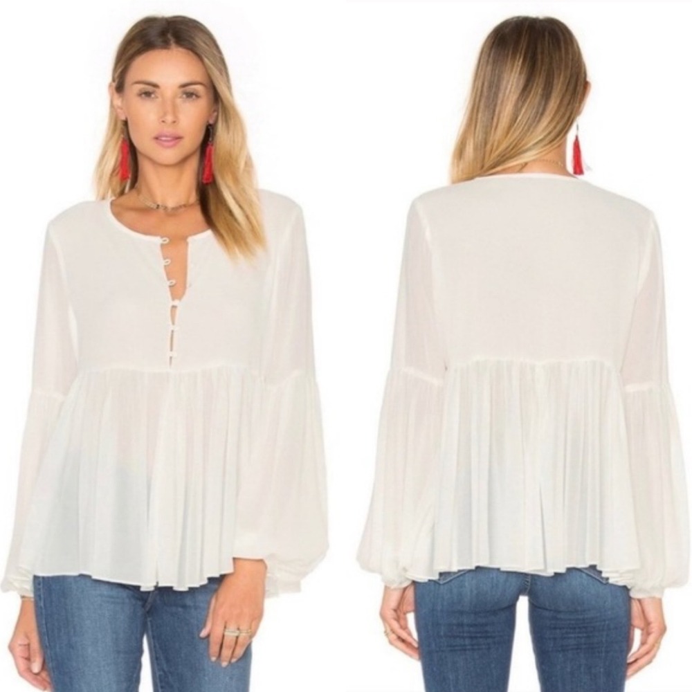 L'Academie White Peplum Button Front Blouse Top Womens Sz XS Revolve Semi Sheer - Picture 2 of 16